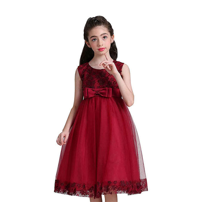 Girls Tulle Lace Flower Princess Wedding Dress For Toddler And Baby Girl-Maroon