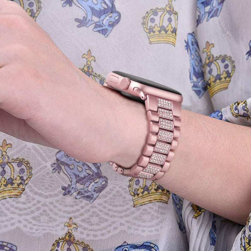 SZZ Bling Watch Band Business Stainless Steel Wristbands for Apple IWatch Series SE/1/2/3/4/5/6 For Women-Rose Pink