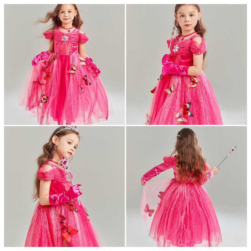 Girls Princess Dress with Accessories Butterflies Tulle Party Gown-Pink