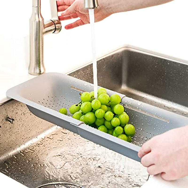 Sink Retractable Strainer Basket for Washing Vegetable Drying Dish-Grey