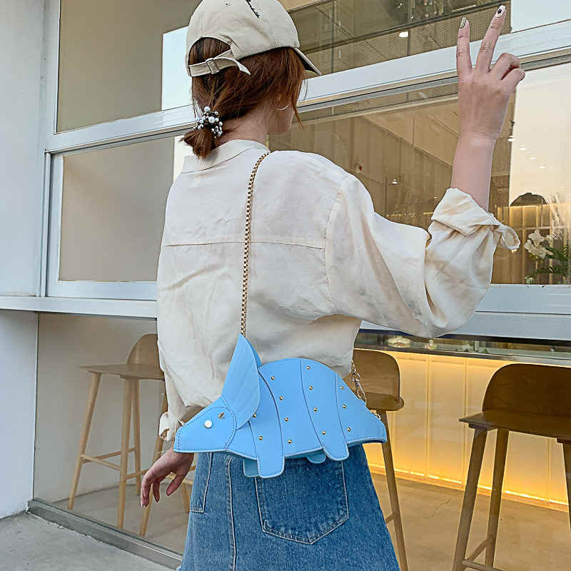 Dinosaur Shape Crossbody Shoulder Bag Women Pu Leather Rivet Chic Clutch-Blue