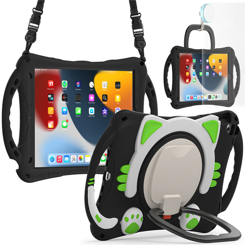 CatB Silicone Case For iPad 10.2 Air10.5 Pro10.5 Shockproof Shoulder Strap Handle Stand-Black Green