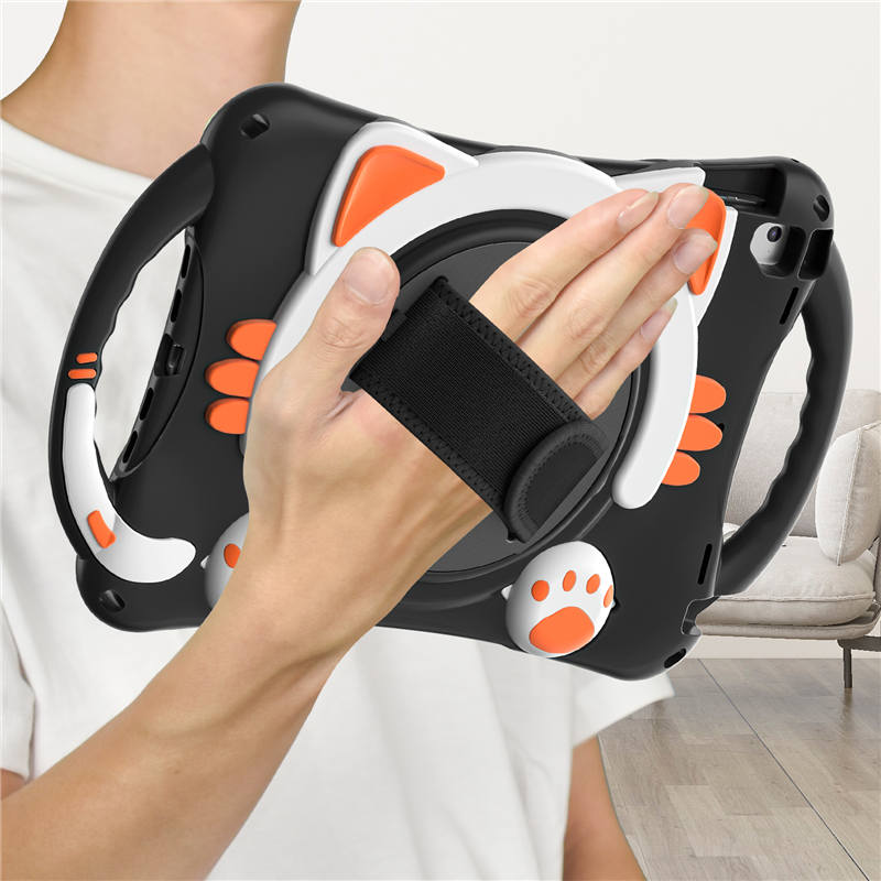 CatA iPad Silicone Case For iPad Pro 9.7 inch Air1/2 Built-in Handle Stand With a Strap-Black Orange