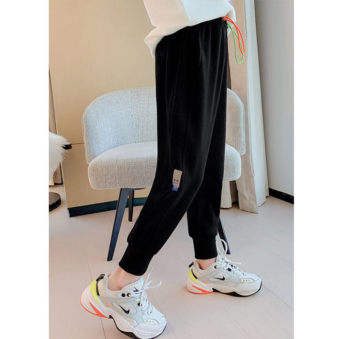 Girls Joggers Long Pants Pockets Outdoor Casual Trousers with Two-color Drawstring-Black