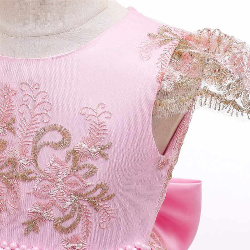 Girl Flower Lace Printed Cotton Elegant Tulle Bow Belt Princess Dress-16Pink