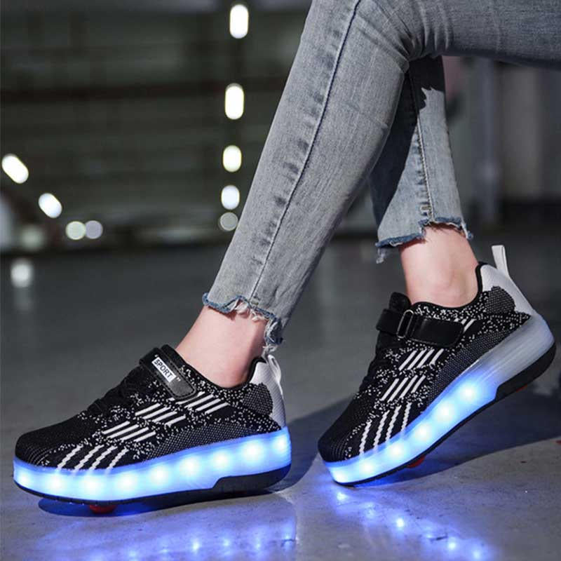 Kids LED Rechargeable Roller Skate Shoes with Double Wheel-Black