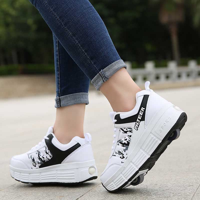 Childrens Roller Skate Shoes Sneaker with Double Wheel-918 White