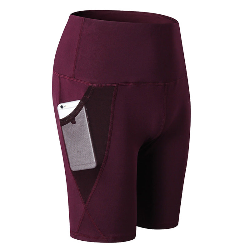 Women Yoga Shorts High Waist Fitness Leggings Sports Running Quick Drying Perspiration Tights With Pocket 2024-Wine Red