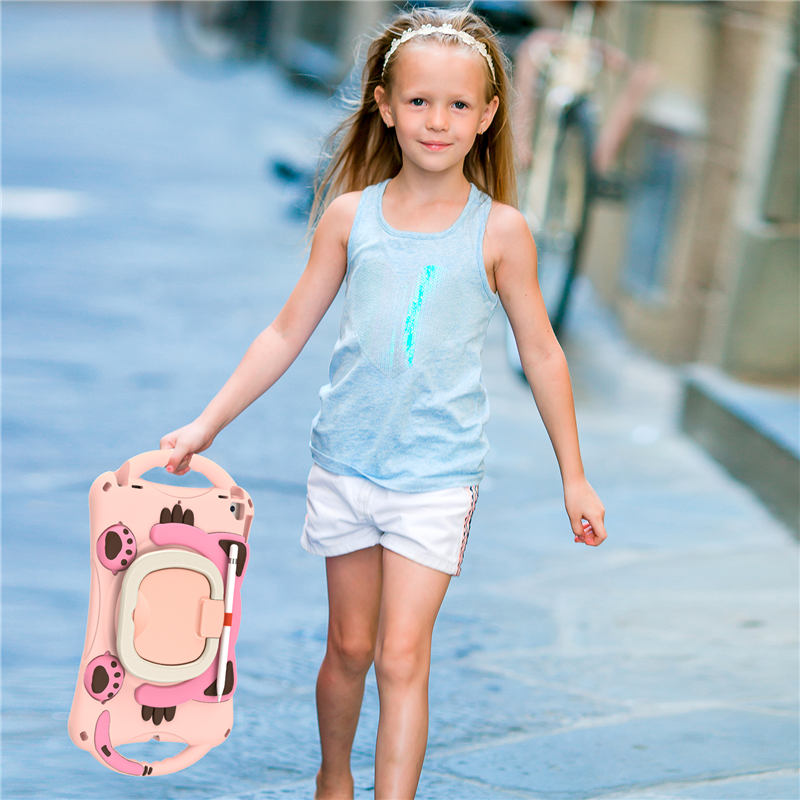CatB Silicone Case For iPad 10.2 Air10.5 Pro10.5 Shockproof Shoulder Strap Handle Stand-Pink