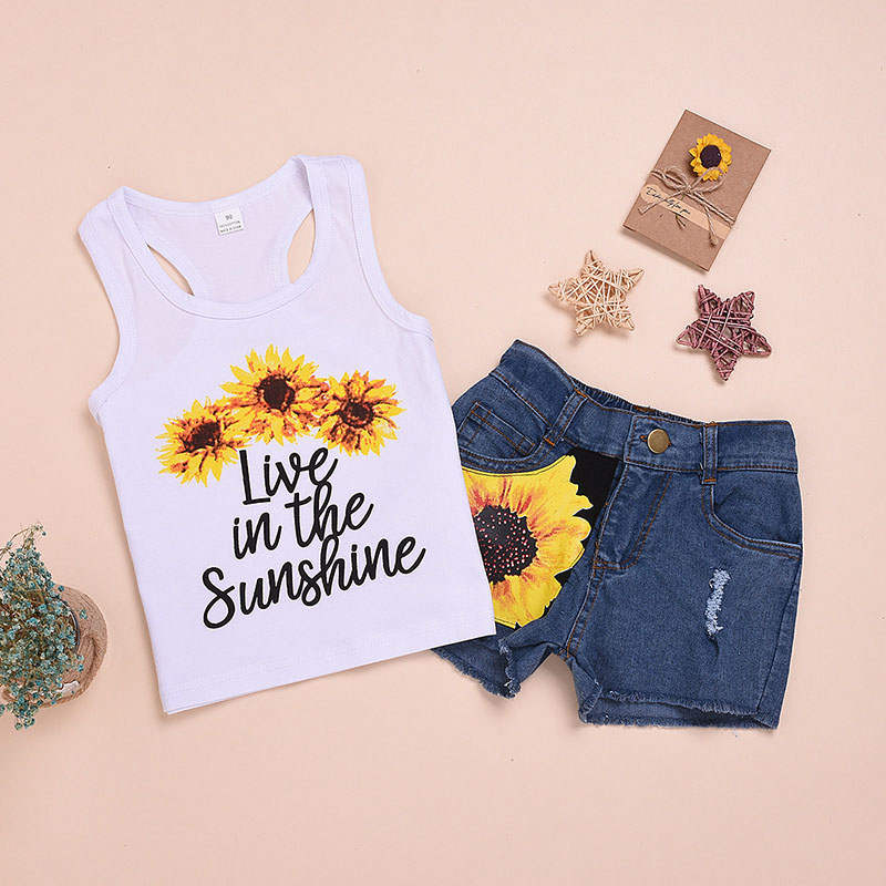 2Pcs Baby Girl Sunflower Outfits Sleeveless Tank Top and Denim Shorts Summer Clothes-Sun Flower