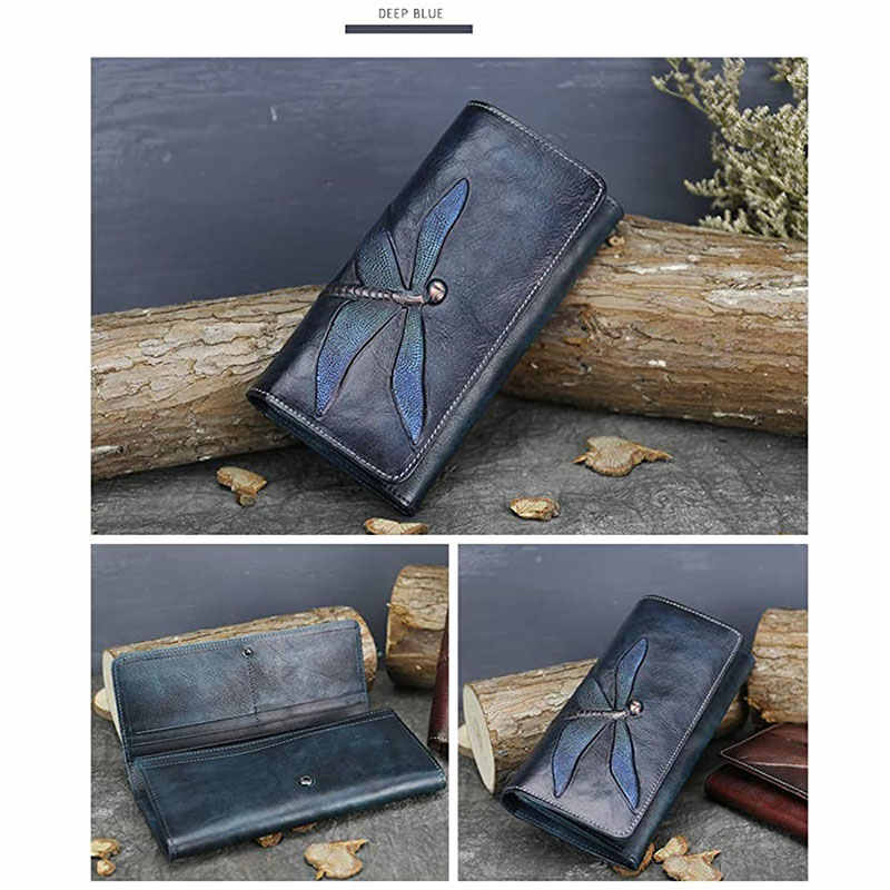 Slim Wallets for Women Embossed Dragonfly Leather Wallet Cellphone Clutch-DarkBlue