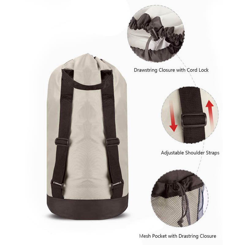 Backpack Laundry Bag With Shoulder Straps And Mesh Pocket Durable Nylon Clothes Bag for College Travel Laundromat -Khaki
