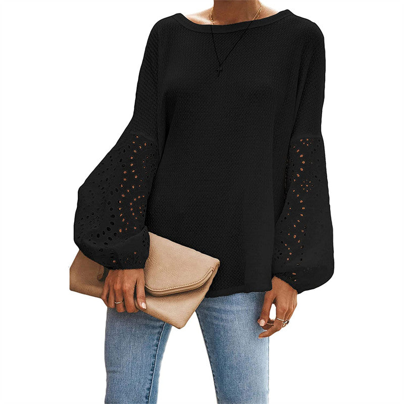 Womens Off Shoulder Tops Waffle Knit Lantern Long Sleeve Pullover-Black