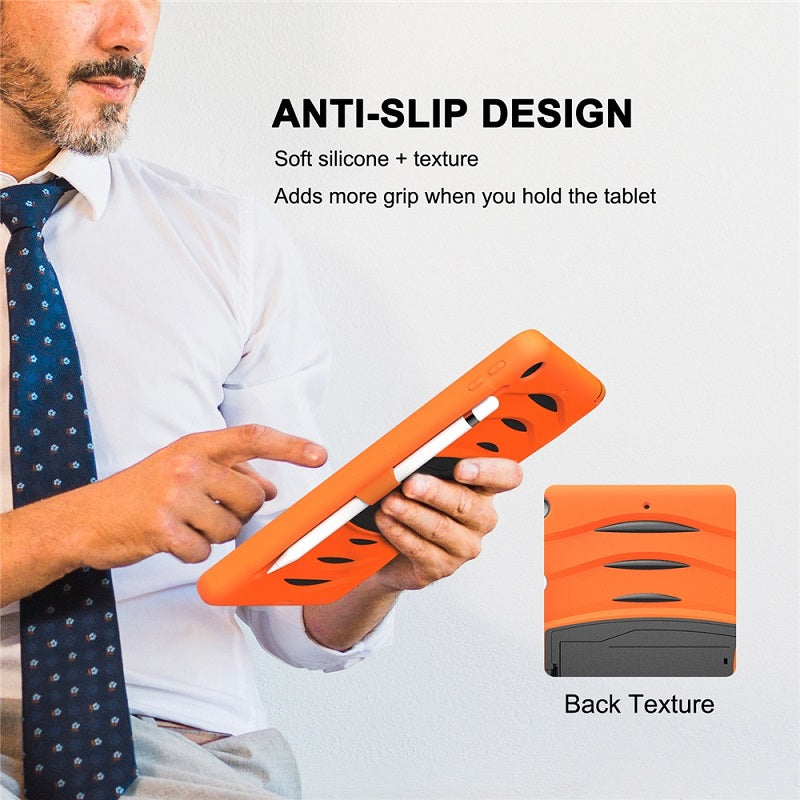Shock Wave Kickstand Case Anti-Fall Protection With Pencil Holder+Cap For New iPad 7 10.2inch(2019)-Orange