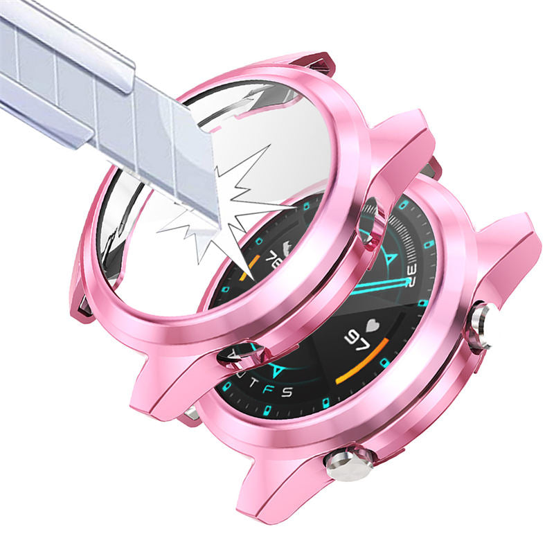 TPU Screen Protector Case For Huawei Watch GT2 42mm&46mm with HD Tempered Glass-Pink