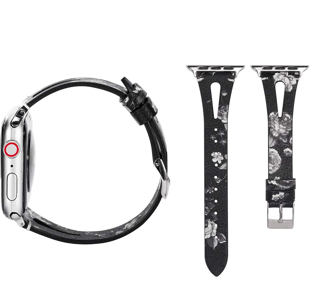 Fashion Triangle Hole Leather Watch Band For Apple Watch SE/6/5/4/3/2/1(Grey Flower)