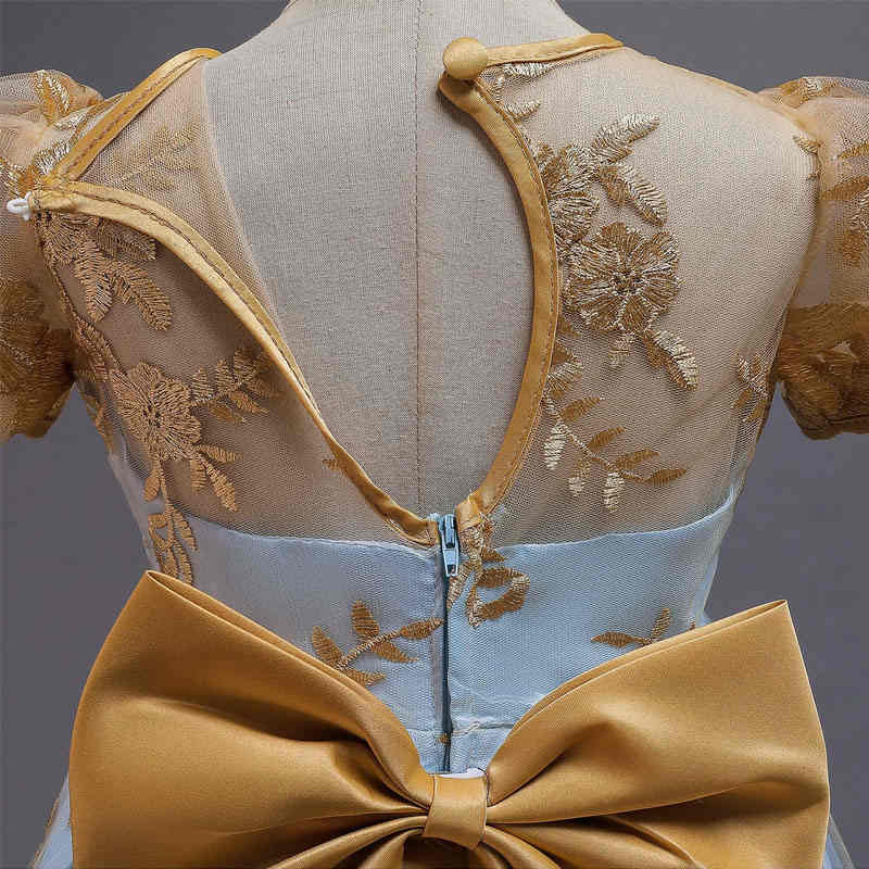 Girl Flower Lace Printed Cotton Elegant Tulle Bow Belt Princess Dress-Yellow