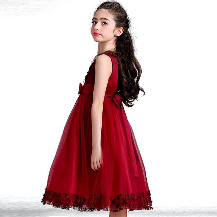 Girls Tulle Lace Flower Princess Wedding Dress For Toddler And Baby Girl-Maroon
