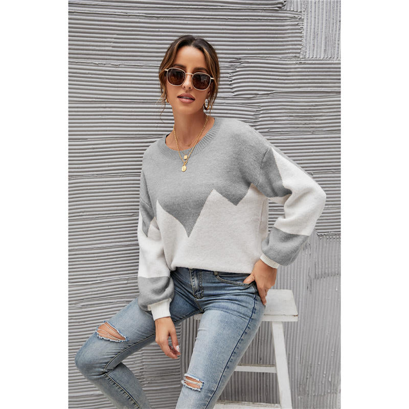 Womens Color Block Loose Knit Pullover Sweater Lantern Sleeve-Grey