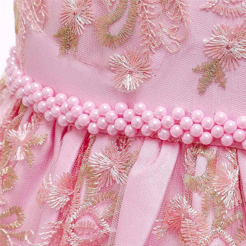 Girl Flower Lace Printed Cotton Elegant Tulle Bow Belt Princess Dress-16Pink