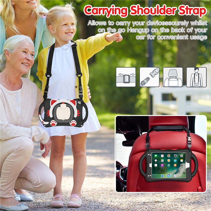 CatB Silicone Case For iPad Pro 9.7 inch Air1/2 Shockproof Shoulder Strap Handle Stand-Black Red