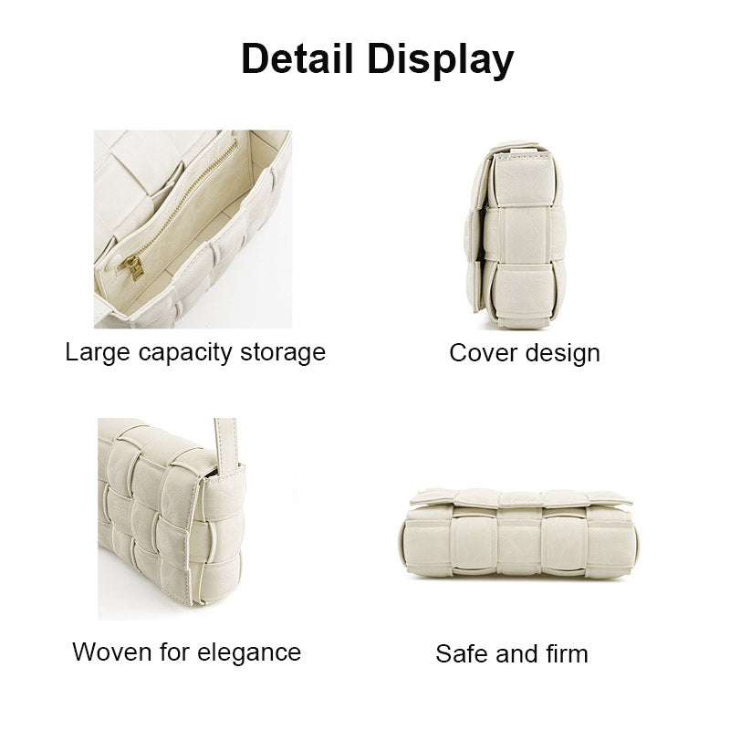 Casual Soft Crossbody Bag Square Design Braided Handbag-White
