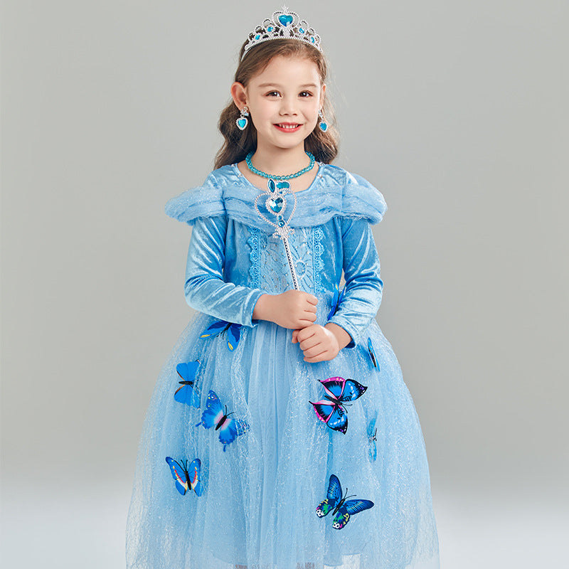 Girls Princess Dress with Accessories Butterflies Tulle Long Sleeve Gown-Blue