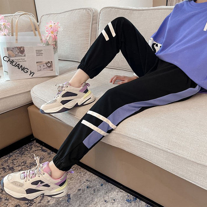 Girls Joggers Long Pants Pockets Outdoor Casual Trousers Two Bars-Black