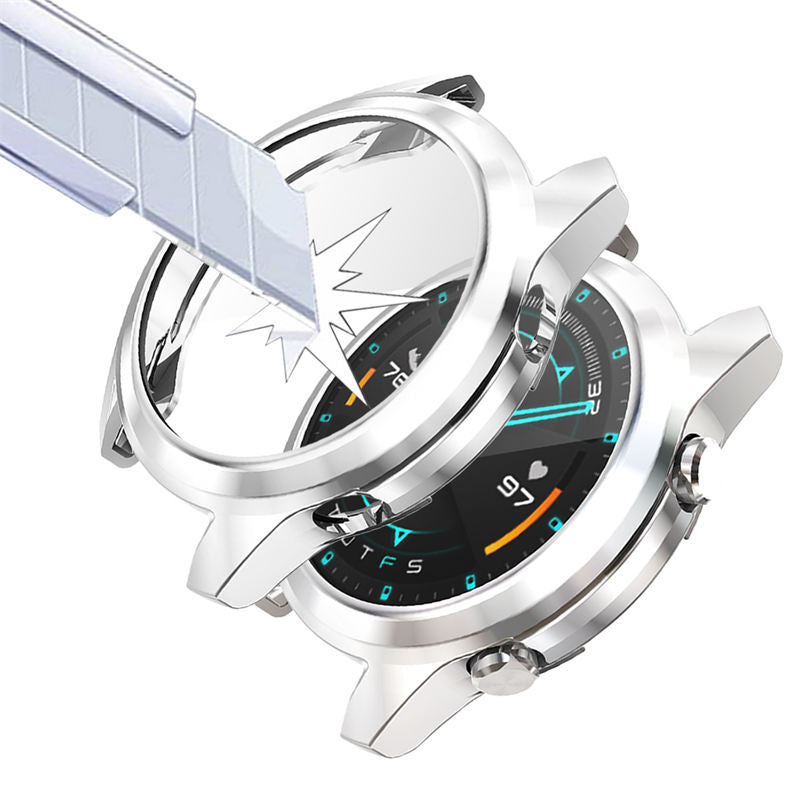 TPU Screen Protector Case For Huawei Watch GT2 42mm&46mm with HD Tempered Glass-Silver