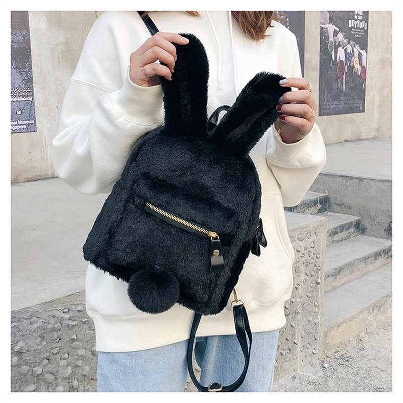 Women Cute Rabbit Ears Backpack Fluffy School Bag Satchel-Black