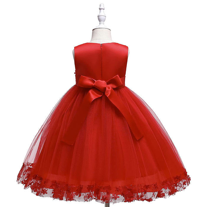 Girls Tulle Lace Flower Princess Wedding Dress For Toddler And Baby Girl-Red