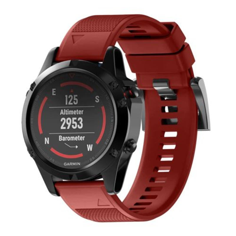 26mm Width Easy Fit Soft Silicone Watch Strap For Garmin Fenix 5X/5X Plus/6X/6X Pro/3/3 HR Black Steel Buckle-Red