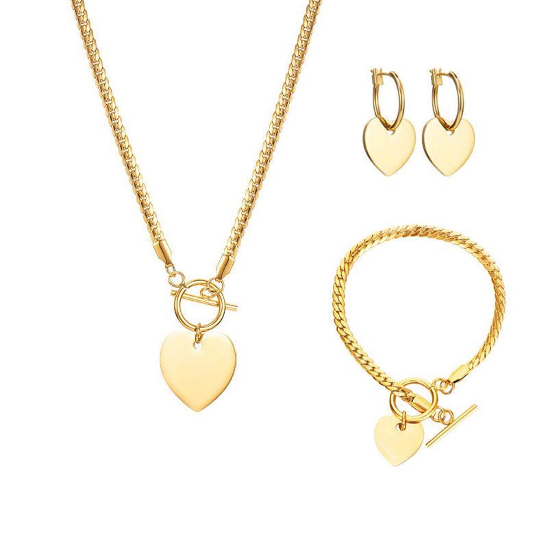 Heart Pendant Necklace Bracelet Earrings 3 Piece Set-Gold