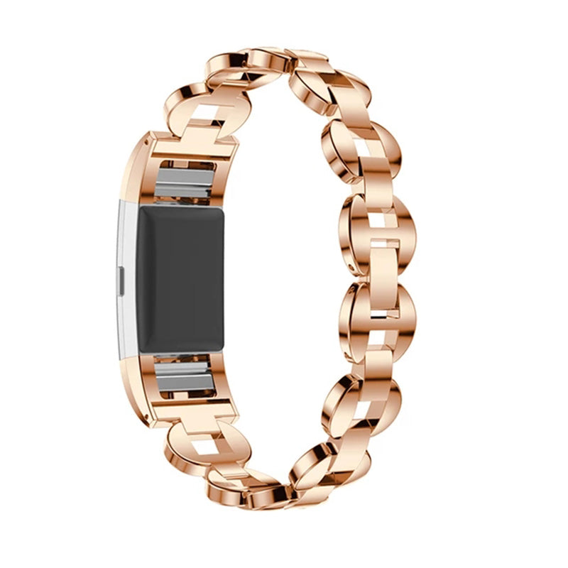DH Stainless Steel White Diamond+Blue Diamond Watch Band Adjustable Replacement Wristband For Fitbit Charge 2/3 For Women-Rose Gold