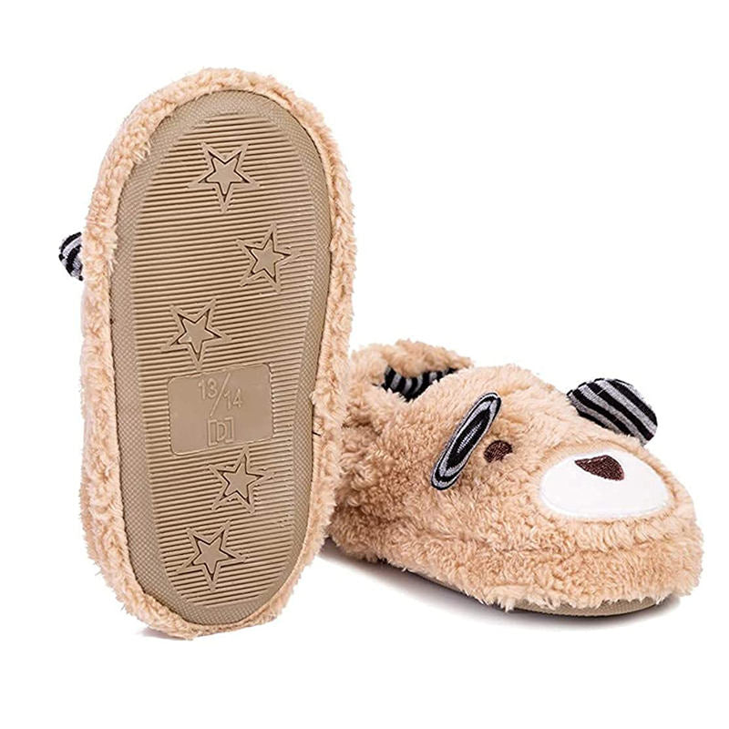 Toddler Boys Girls Slippers Cute Cartoon Bear Plush Warm Home Shoes-Beige
