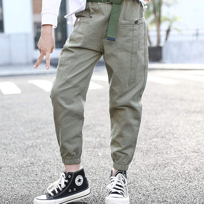 Girls Joggers Long Pants Pockets Outdoor Casual Trousers Buttons-ArmyGreen