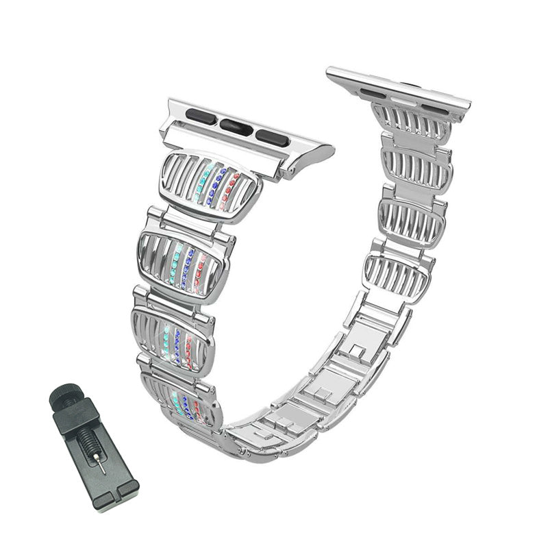 BM White Diamond + Color Diamond Apple Watch Band Stainless Steel Wristbands for Apple IWatch Series 1/2/3/4/5/6/SE For Women-Silver