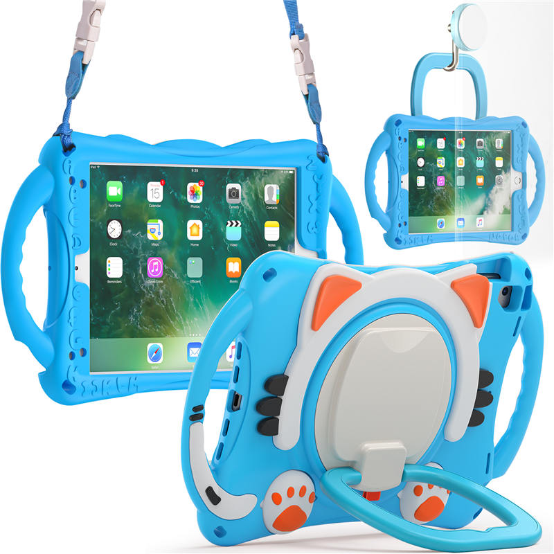 CatB Silicone Case For iPad Pro 9.7 inch Air1/2 Shockproof Shoulder Strap Handle Stand-Light Blue