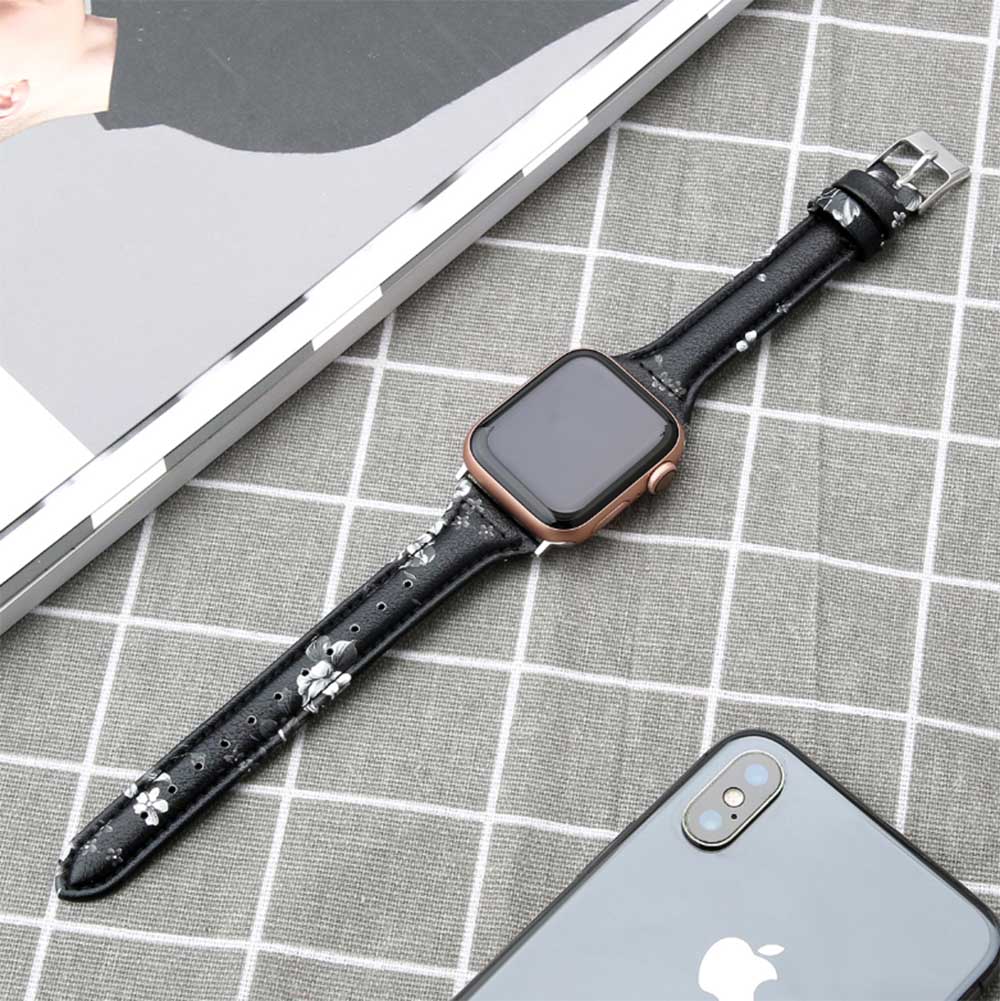 Slim Flower Printed Leather Watch Band For Apple Watch SE/6/5/4/3/2/1(Grey Flower)
