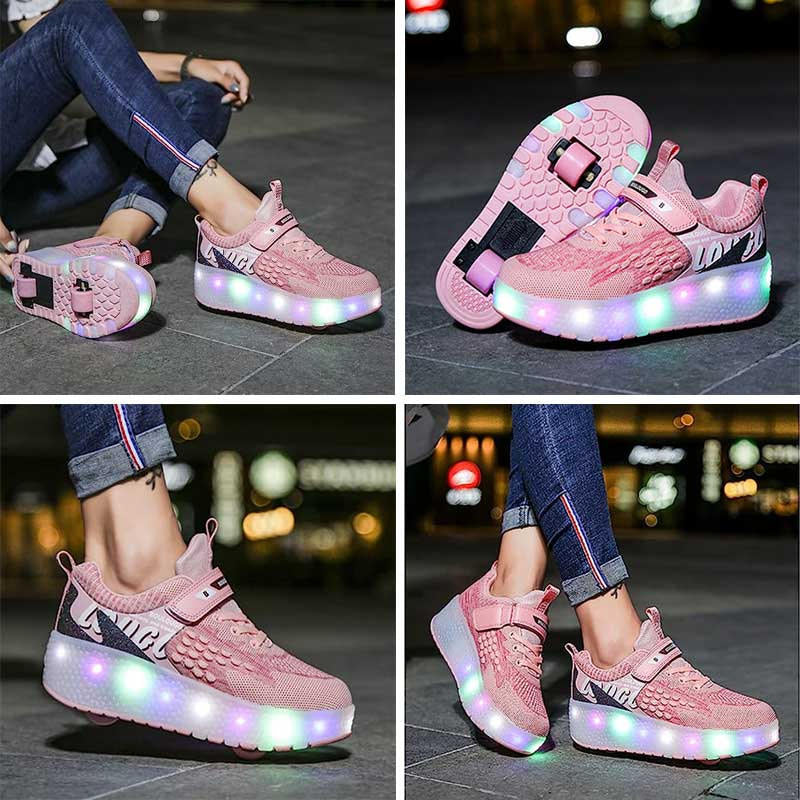 Kids Roller Shoes LED Light Rechargeable with Double Wheel-Pink