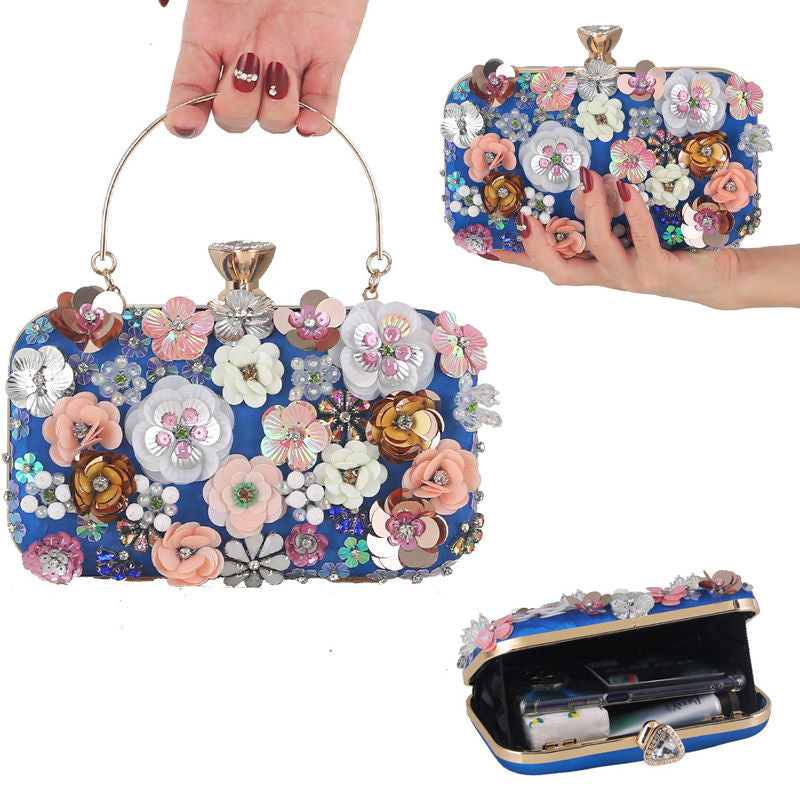 Colorful Floral Clutch Evening Bags for Women Beaded Purse Prom Handbag-Blue
