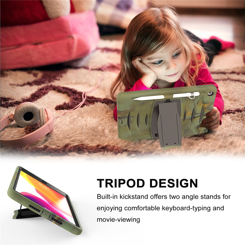 Shock Wave Kickstand Case Anti-Fall Protection With Pencil Holder+Cap For New iPad 7 10.2inch(2019)-Camouflage