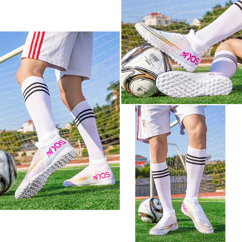 Hightop Soccer Boots Spikes Shoes Unisex Outdoor Indoor Sneaker-2White