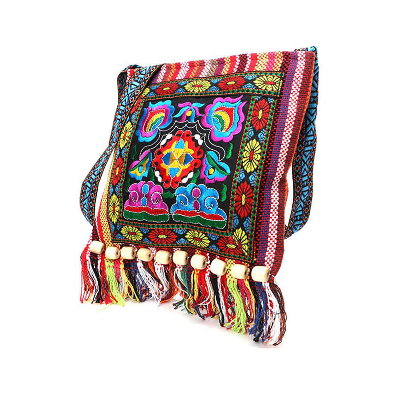 Vintage Embroidered Fringe Sling Crossbody Bag Boho Shoulder Bag-Red Camellia