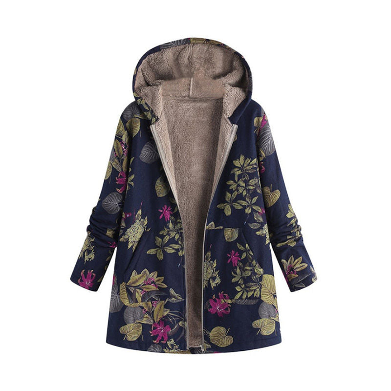 Womens Winter Printed Fleece Jacket Casual Sherpa Lined Fuzzy Jacket-DarkBlue