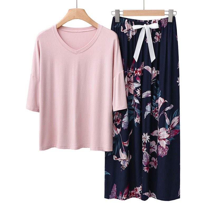 2 Pack Womens Pajama Set Print Sleepwear Soft V-Neck Short Sleeve Top With Pants-2