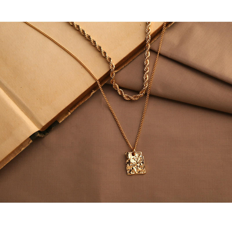 Geometric Pendant Double Layered Necklace Braided Clavicle Chain
