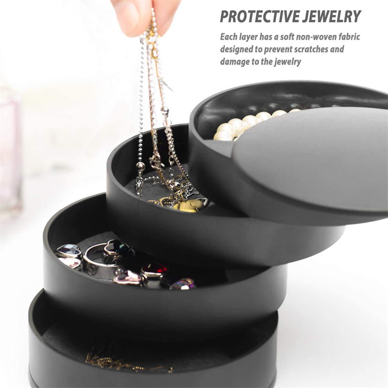Jewelry Storage Box 4-Layer Rotatable Jewelry Accessory Organizer Tray with Lid for Rings Bracelets -Black