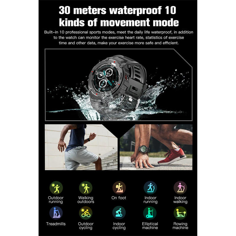 F26 Military Smart Watch with Bluetooth Calling Music Player Heart Rate Sleep Monitor-Khaki