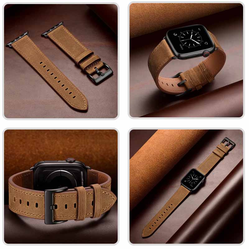 Classic Watchband Cowhide Suitable for iWatch Ultra Series 8 SE 7 6 5 4 3 2 1-Black-RedBrown